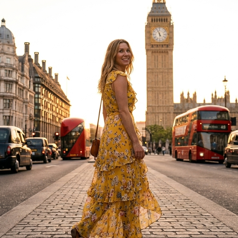 A woman in a yellow floral dress on a London street