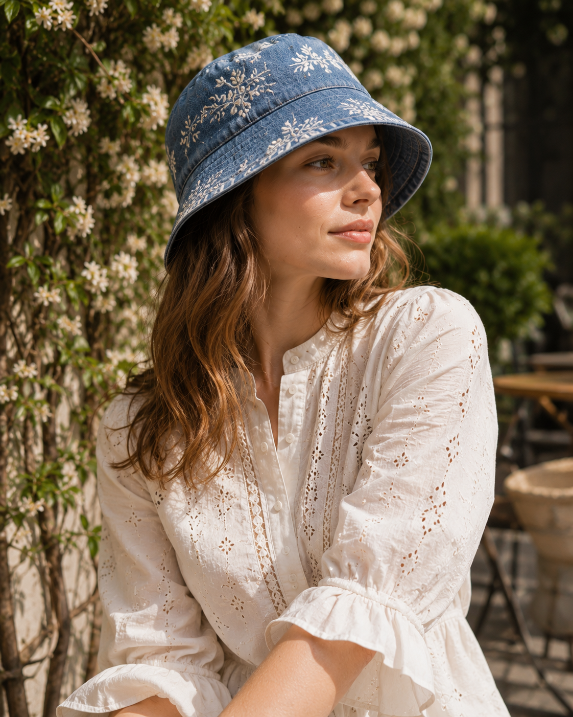 An embroidered denim bucket hat