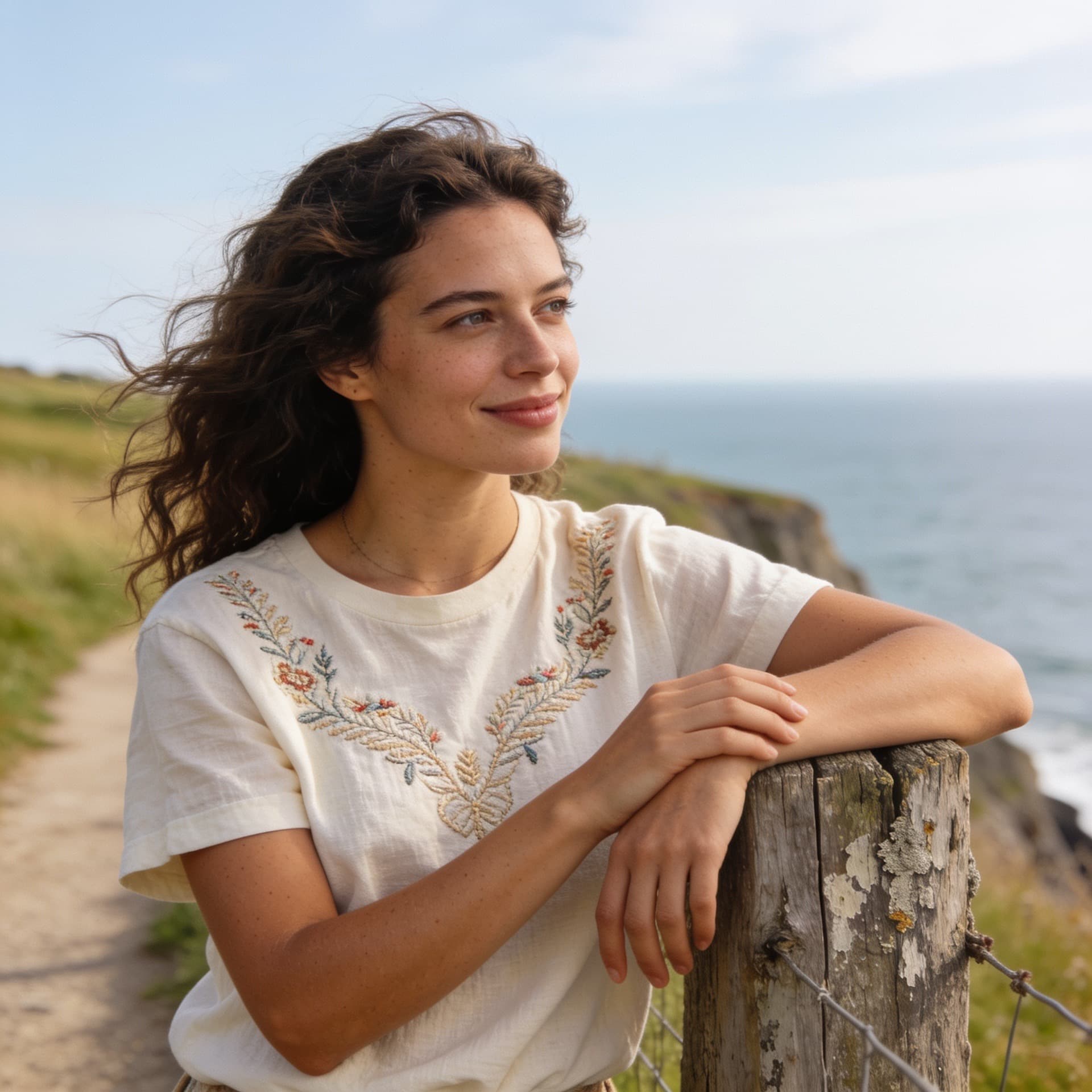 A woman in an embroidered tee