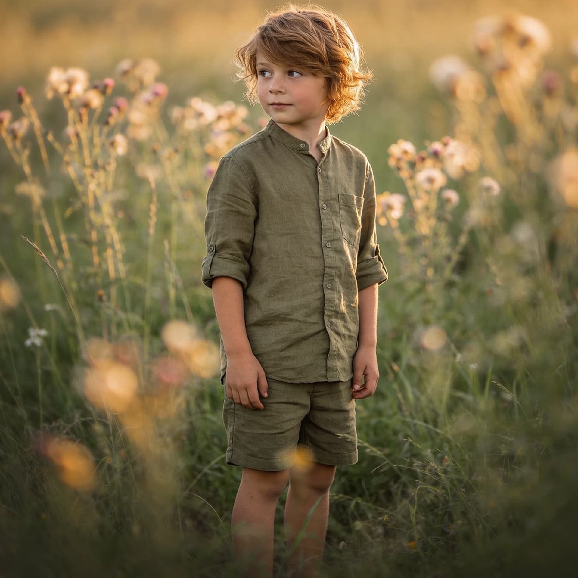 A child in a linen shirt and shorts