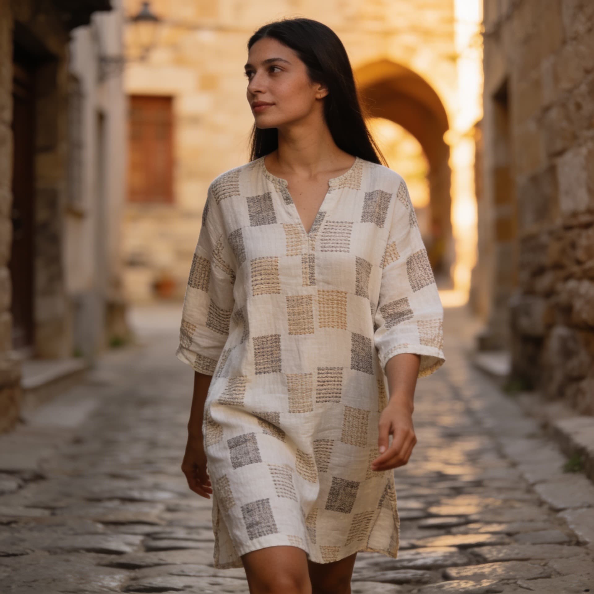 A woman in a textured tunic dress