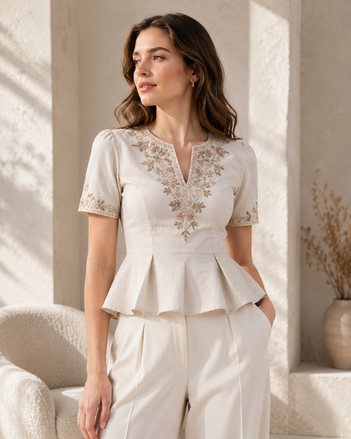 A woman in a linen top and trousers